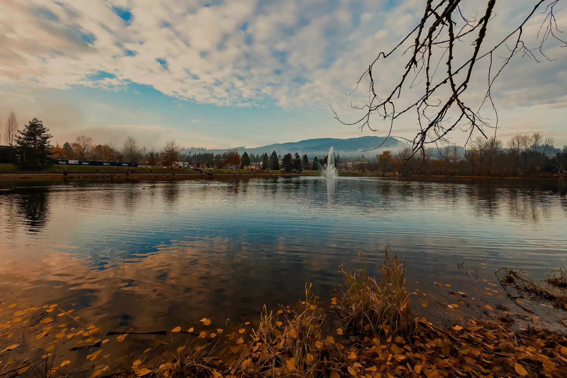 Lafarge Lake and its fountain at Town Centre Park, Coquitlam, mountains rising behind.