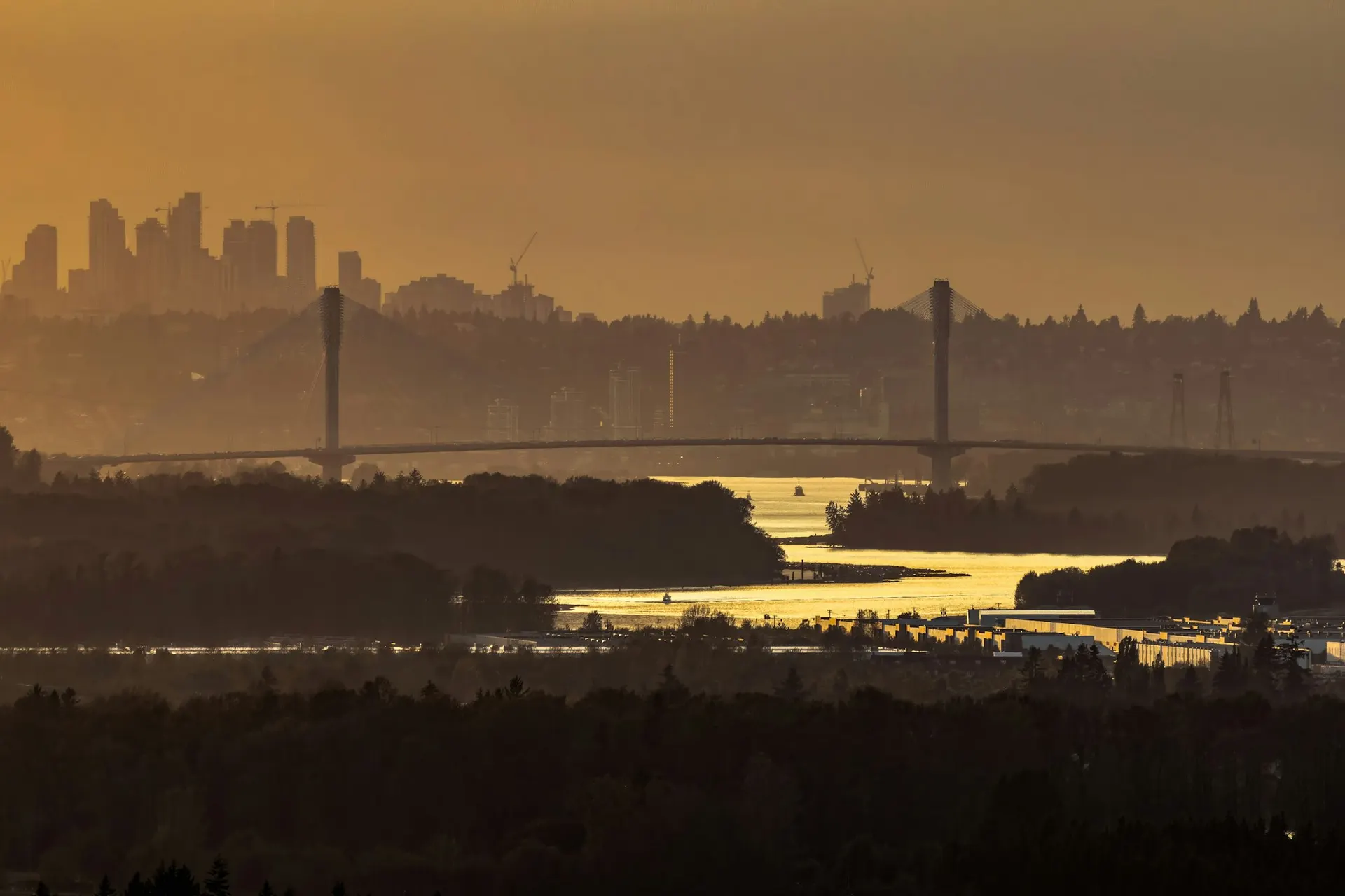 Golden sunset over the Fraser River and the Port Mann Bridge toward Surrey.