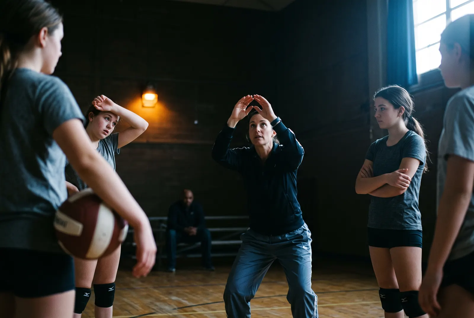 A volleyball coach demonstrating an overhead set to four teenage players in a dim community gym, one parent watching from the bleachers.