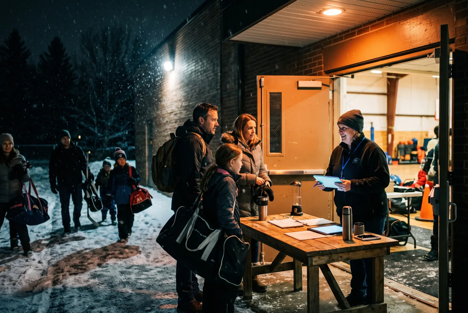 A family checking in at a club volunteer’s table outside a community gym on a snowy winter night.