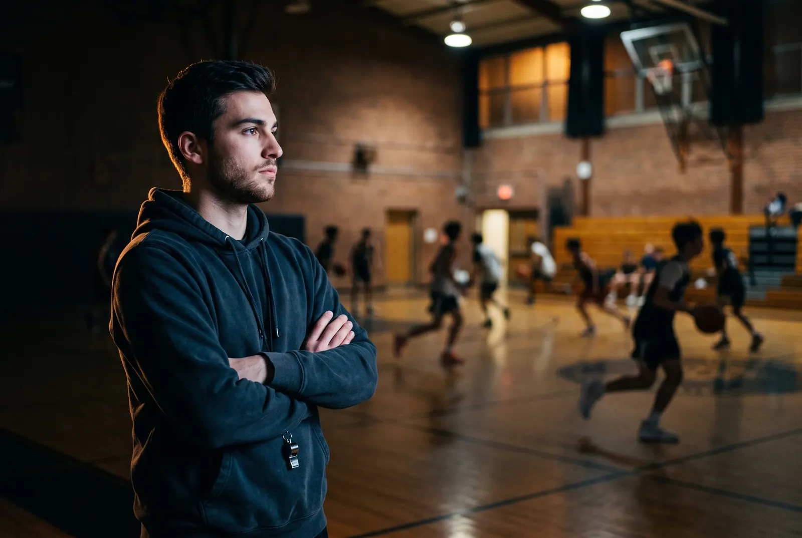 An assistant coach with a whistle watching a basketball practice from the edge of a dim gymnasium.