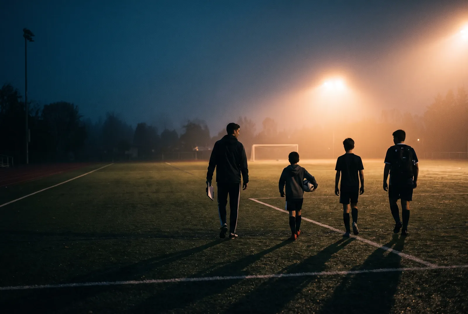 A coach and three young soccer players walking out across a misty floodlit pitch at dusk, silhouetted against the lights.