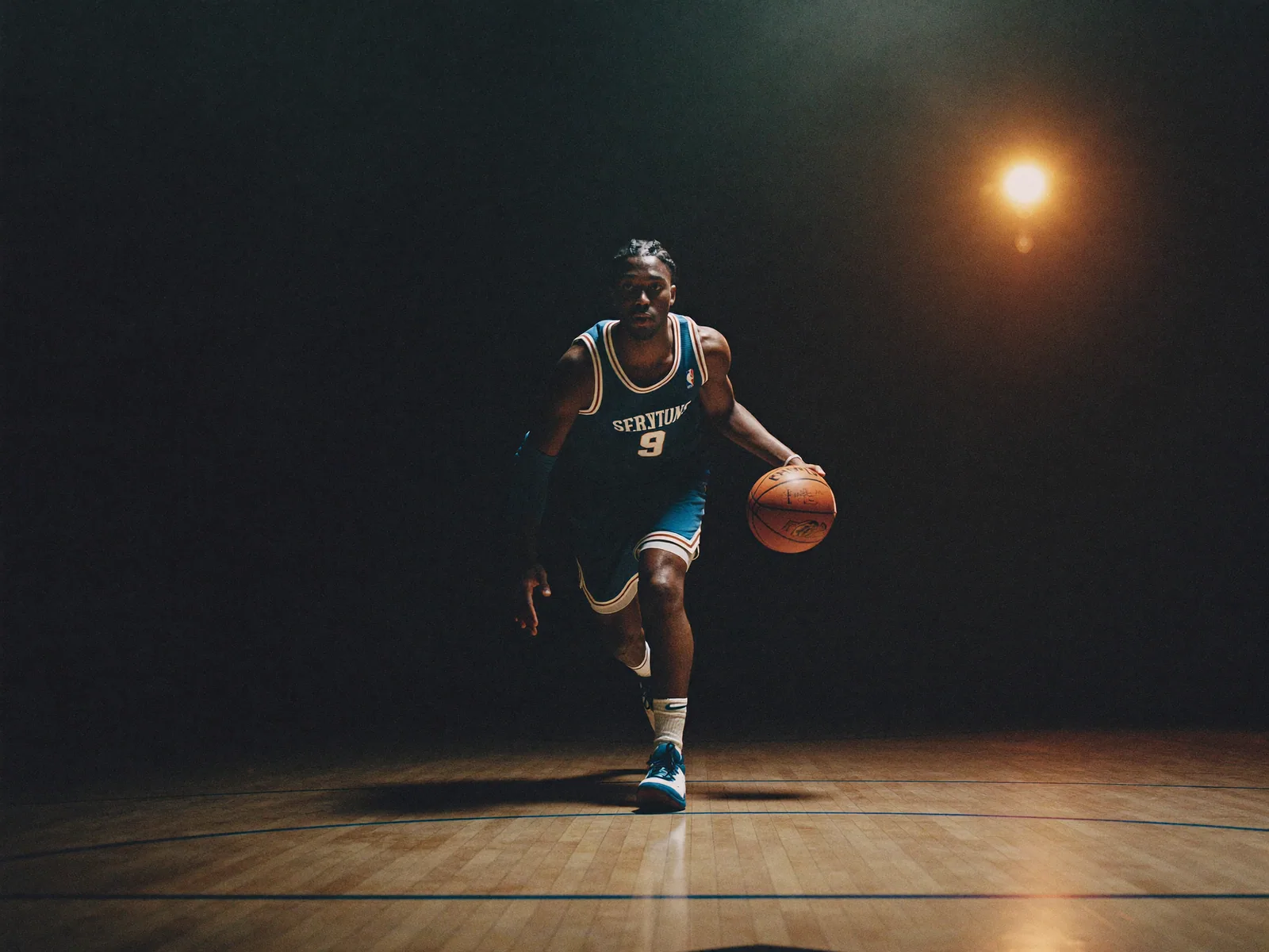 A basketball player driving toward the camera mid-dribble in a dark, spotlit gym.