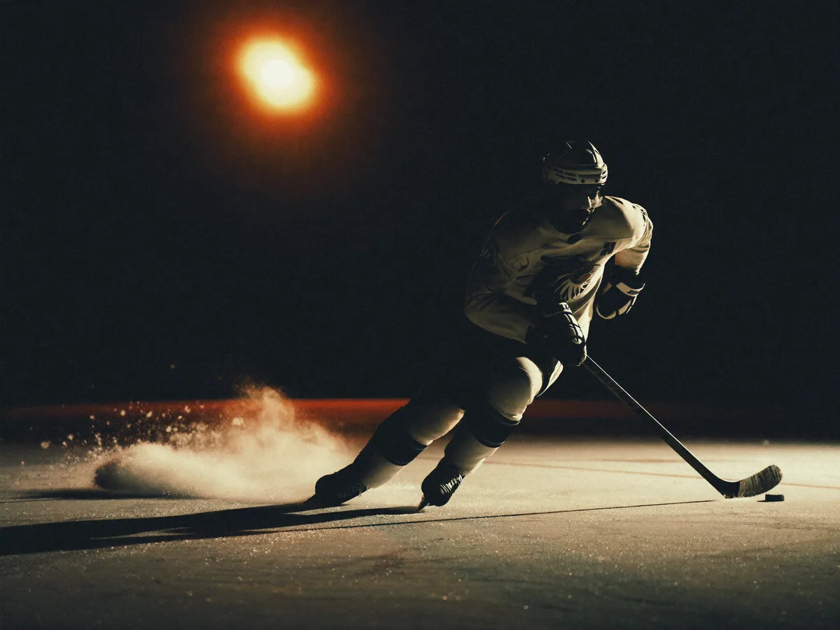 An adult hockey player carving across the ice with the puck under one warm light.